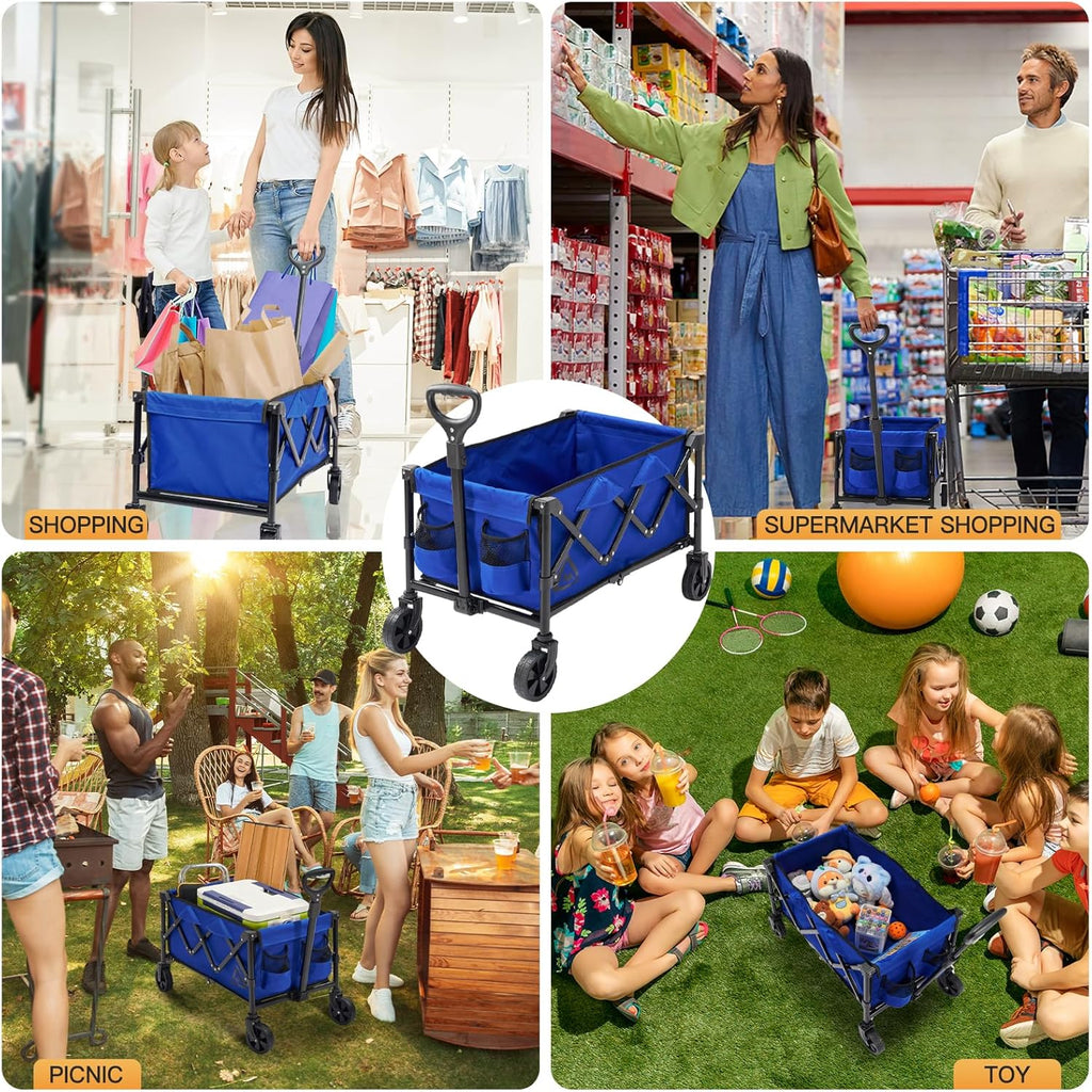 Wagon Cart Shopping Foldable Folding Collapsible with Wheels Big On Beach Garden Outdoor Grocery Heavy Duty Utility All Terrain Portable Wagons Carts for Groceries Sand Camping Sports Blue