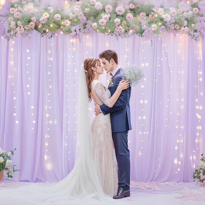 10ft x 10ft Lavender Chiffon Backdrop Curtain with Lights String for Parites Wedding Wrinkle Free Curtain Photo Backdrops Drapes for Baby Shower Birthday Party Home Decorations