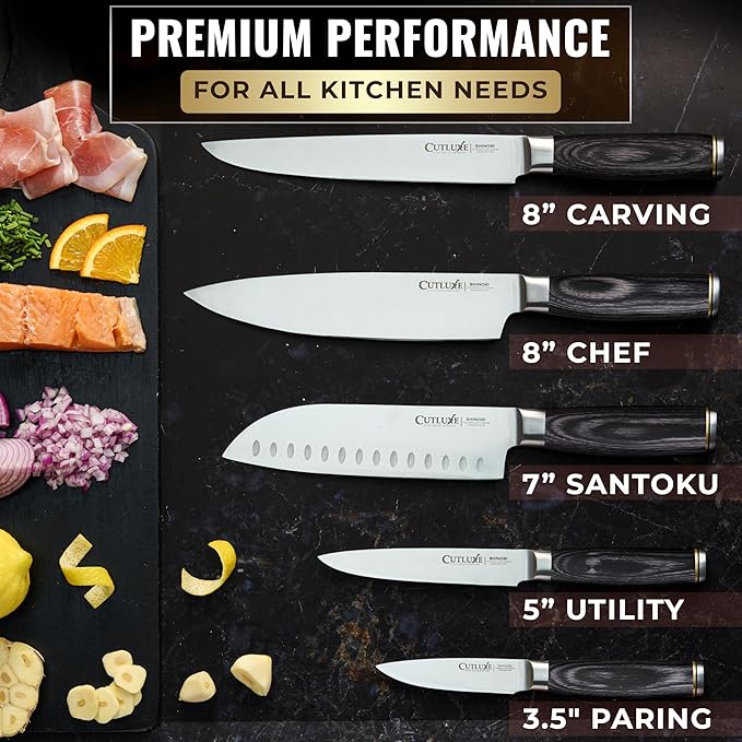 Cutluxe 5-Piece Chef Knife Set – Ultra Sharp Japanese Kitchen Knives, High Carbon Stainless Steel Blades, Full Tang Pakkawood Handles – Shinobi Series