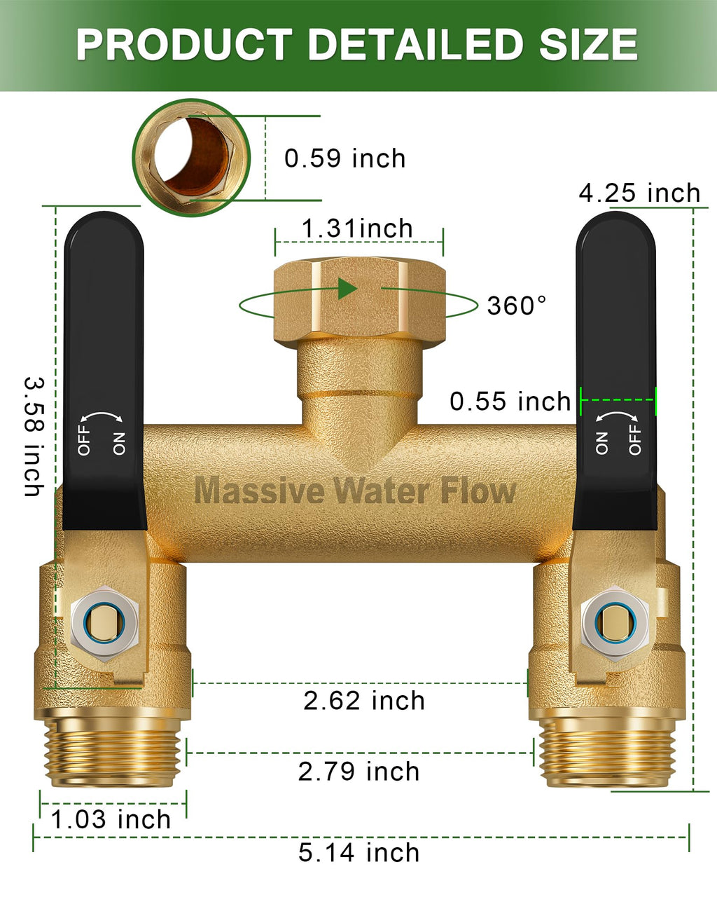 Hose Splitter 2 Way Heavy Duty, Full Flow Garden Hose Splitter with 2 Long Metal Handles, Brass Rust and Freeze Resistant Water Hose Bib Splitter, T Adapter Connector with 3/4 - Inch GHT Thread（Black）