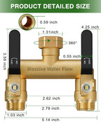Hose Splitter 2 Way Heavy Duty, Full Flow Garden Hose Splitter with 2 Long Metal Handles, Brass Rust and Freeze Resistant Water Hose Bib Splitter, T Adapter Connector with 3/4 - Inch GHT Thread（Black）