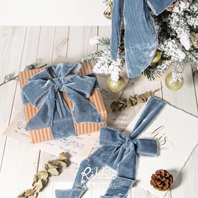 Ribbli Dusty Blue Velvet Ribbon 1.5 Inch Handmade Frayed Vintage Christmas Ribbon for Gift Wrapping Christmas Tree Ornament Wreath Craft Home Decor -Total 3 Yards with Wooden Spool