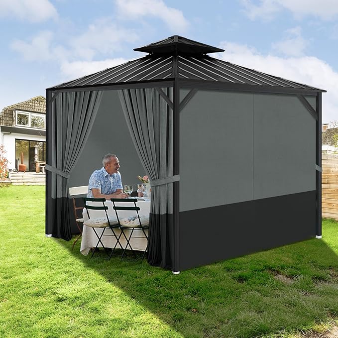 Gazebo Privacy Curtains 10' x 10' with Zipper 4-Panels Side Wall Universal Replacement for Patio, Outdoor Canopy, Garden and Backyard Gray and Black (Curtain Only)