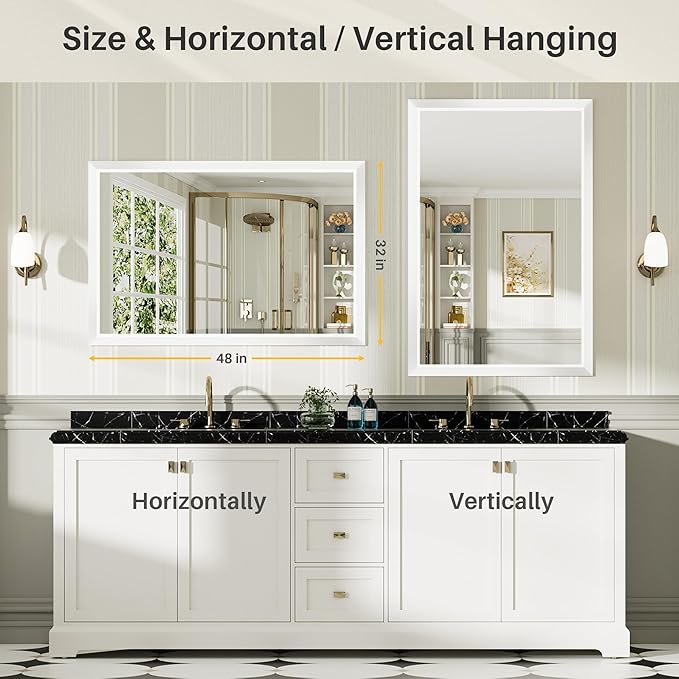 48x32 Inch White Bathroom Mirror for Wall, Thick Metal Framed Rectangle Mirrors for Over Sink, Bedroom, Living Room, Entryway, Anti-Rust, HD Tempered Glass