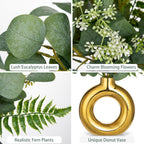 Artificial Eucalyptus Stems in Ceramic Vase 14.23" Fake Eucalyptus Plant Decor Gold Donut Vase with Greenery Centerpiece Table Decorations Small Faux Green Plant for Home Farmhouse Wedding Table Decor