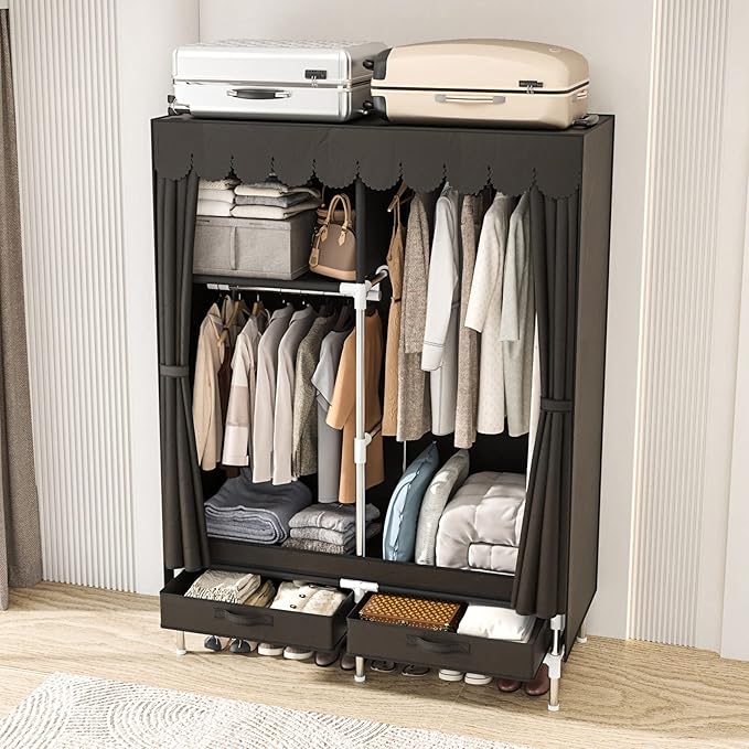 Small Portable Cloth Wardrobe Closet for Hanging Clothes with 2 Drawers,Brown Armoire with 2 Hanging Rods,Clothes Rack Storage Organizer with Non Woven Fabric Cover,for Bedroom
