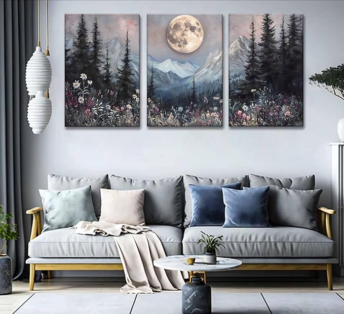 3Pcs Full Moon Forest Canvas Wall Art Moody Dark Forest Moonlit Pine Tree Mountains Wildflowers Wall Decor Wildflower Moon Poster Print Artwork for Bedroom Living Room Decoration