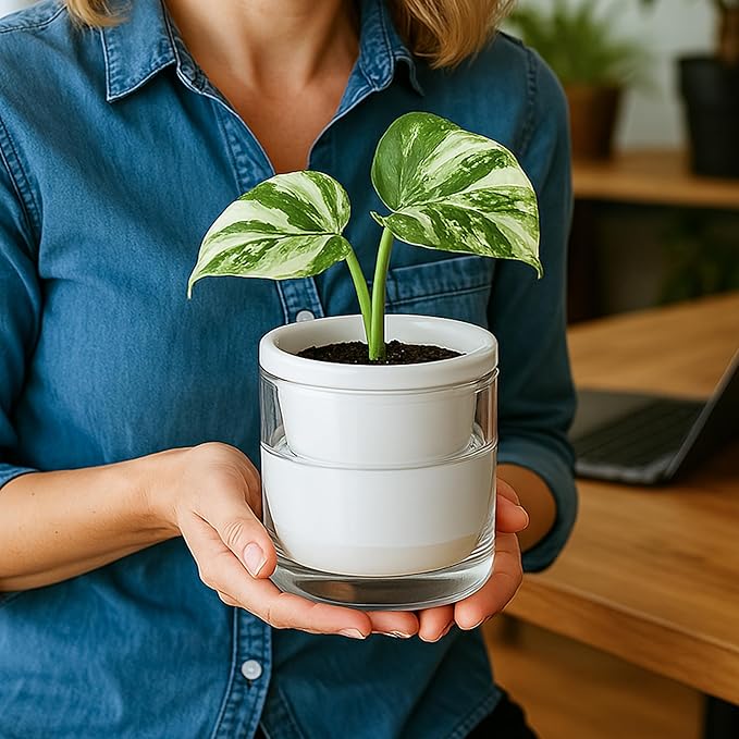 D'vine Dev 4 Inch Design Self Watering Planter for Indoor Plants, White Terracotta Pots with Cylinder Glass Cup, Set of 3, 37-Z-A-2-T