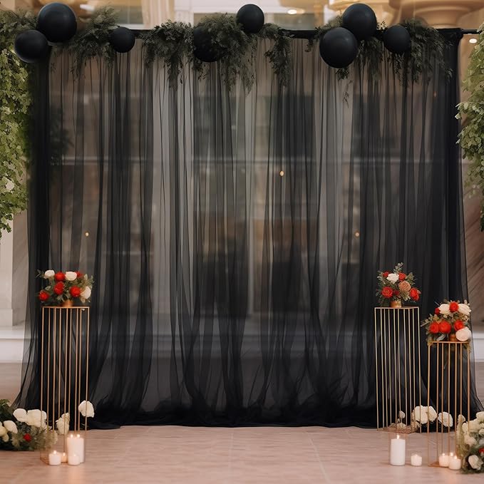 10x10ft Sheer Black Backdrop Curtains for Parties, Tulle Wedding Arch Draping Fabric Photo Background for Birthday Party Halloween Decorations