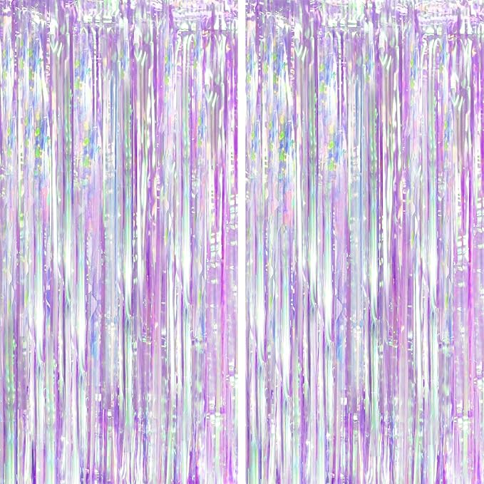2 Pack Iridescent Purple Foil Fringe Curtains, Glittering Tinsel Streamers Party Decorations,Mermaid Fringe Backdrop for Gir's Birthday, Bachelorette, Baby Shower Theme Party