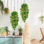 BLEUM CADE Artificial Hanging Flowers for Outdoors, 4pcs Fake Hanging Plants Pothos Vines with Yellow Flowers for Wall Home Living Room Indoor Outdoor Decor (No Baskets)
