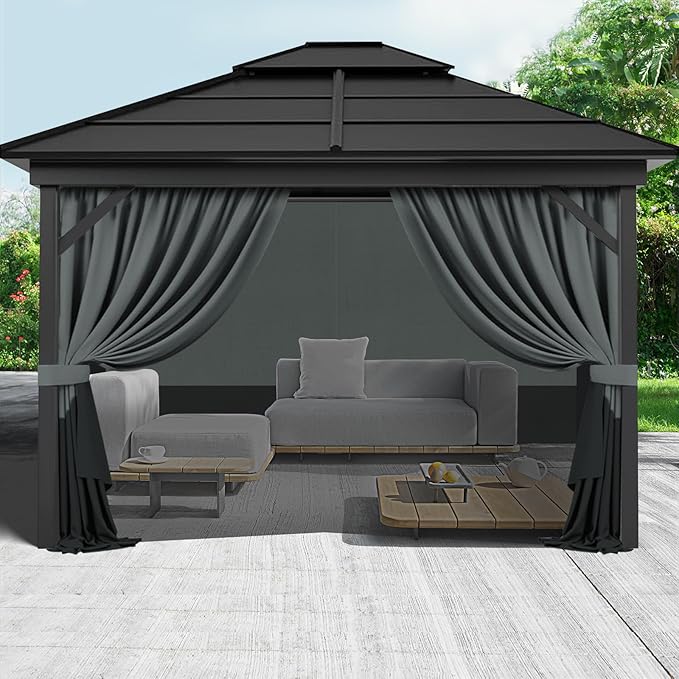 Gazebo Privacy Curtains 12 x 14' with Zipper 4-Panels Side Wall Universal Replacement for Patio, Outdoor Canopy, Garden and Backyard Gray and Black (Curtain Only)