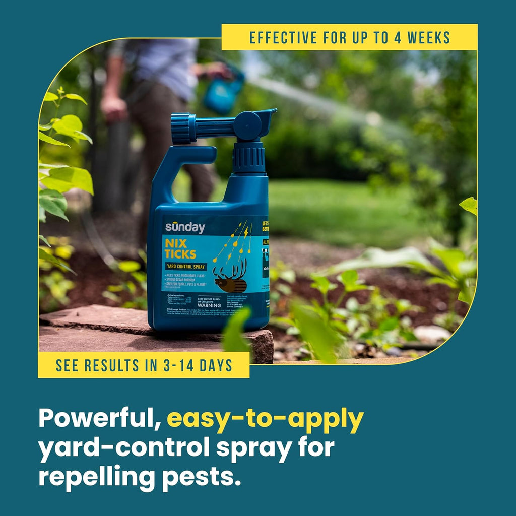 Sunday Nix Ticks - Tick Control Spray - Ready-to-Use Bug Spray - Concentrated Cedar Oil - Helps Kill Ticks, Tick Larvae, Fleas, and Mosquitos - Lasts up to 4 Weeks - 32 Fl Oz