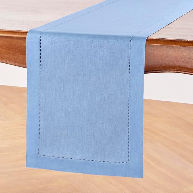 Solino Home Linen Cornflower Blue Table Runner 132 Inches Long - 100% Pure Linen Hemstitch 14 x 132 Inch Table Runner for Dining - Classic Hemstitch