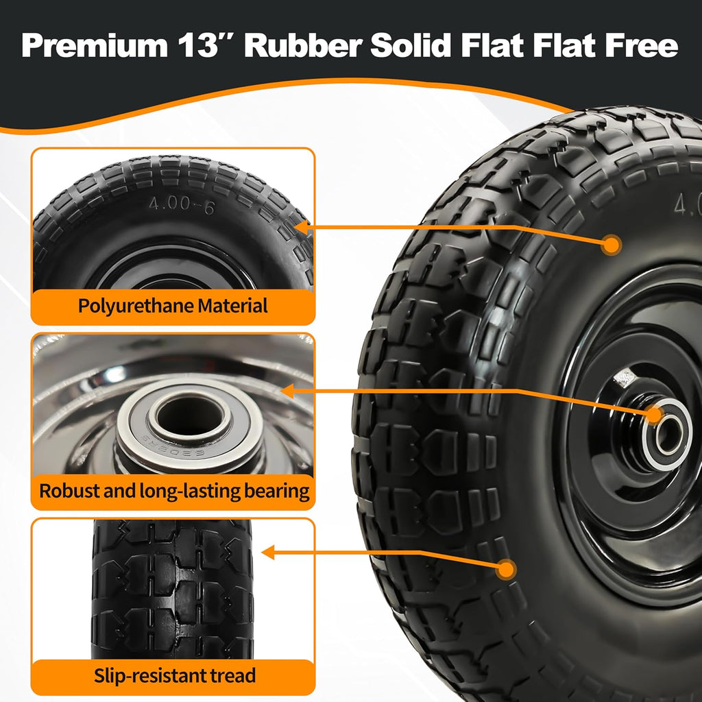 4PC 4.00-6 Flat-Free Tires and Wheels,13" Rubber Solid Tire, with 5/8" & 3/4" Bearing, 1.8"-5.8" Centered Hub Length, 4.00-6 tire and wheel Fit for Gorilla Cart, Garden Cart/Hand Truck/Wheelbarrow etc