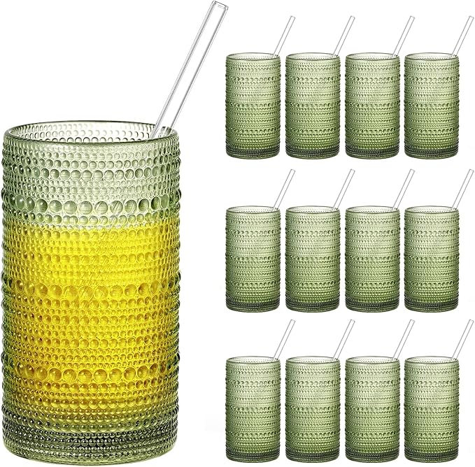 16oz Hobnail Drinking Glasses Set of 12, Vintage Large Capacity Embossed Green Tumblers, Highball Glasses for Water, Cocktail, Beer, Whiskey, Juice & Bar Use