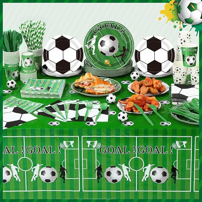 452 Pcs Soccer Party Decorations for 50, Soccer Paper Plates and Napkins Cups Tablecloth Cutlery Straws Disposable Tableware Set for Sports Themed Birthday Team Party Supplies