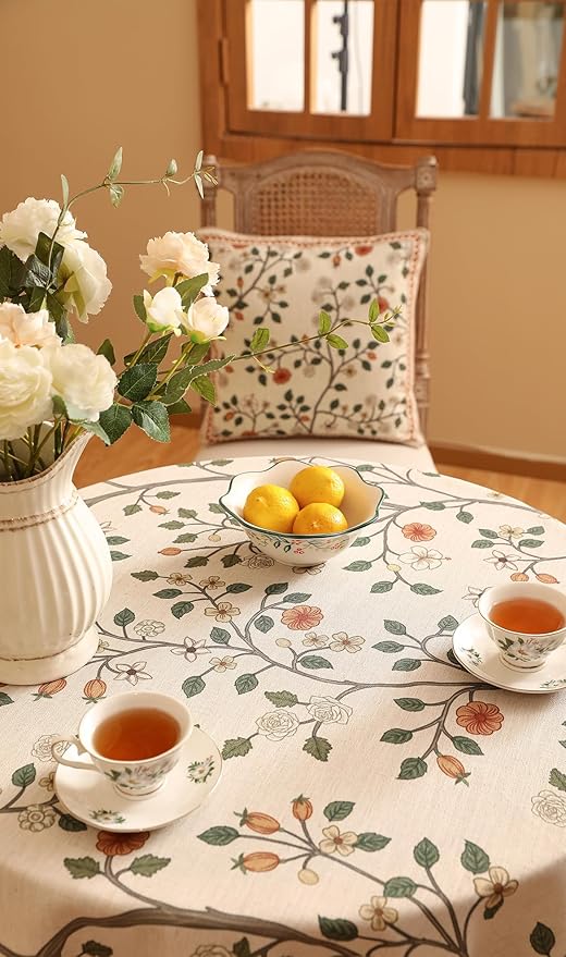 ISAENNE Designer Floral Round Tablecloth,French Linen Light Beige Indoor Table Cloth,Fall Wrinkle Resistant Decor Tablecloths for Dining Thanksgiving Kitchen Party,Diameter 67"-Flora A