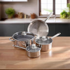 Tuxton Home Nevada 7 Piece Cookware set; Stainless Steel, PFTE & PFOA Free, Freezer to Oven Safe, Induction Compatible; 1QT & 2QT Saucepans, 5QT Dutch Oven, 10" Open Frypan
