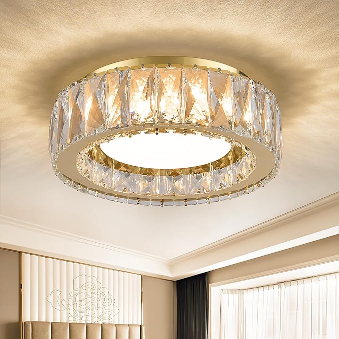 Crystal Gold Flush Mount Ceiling Light Fixture,Dimmable LED 5CCT 3000K-6000K Chandelier,11 Inch Modern Small 24W Round Lighting Fixtures for Kitchen Hallway Foyer Laundry Room