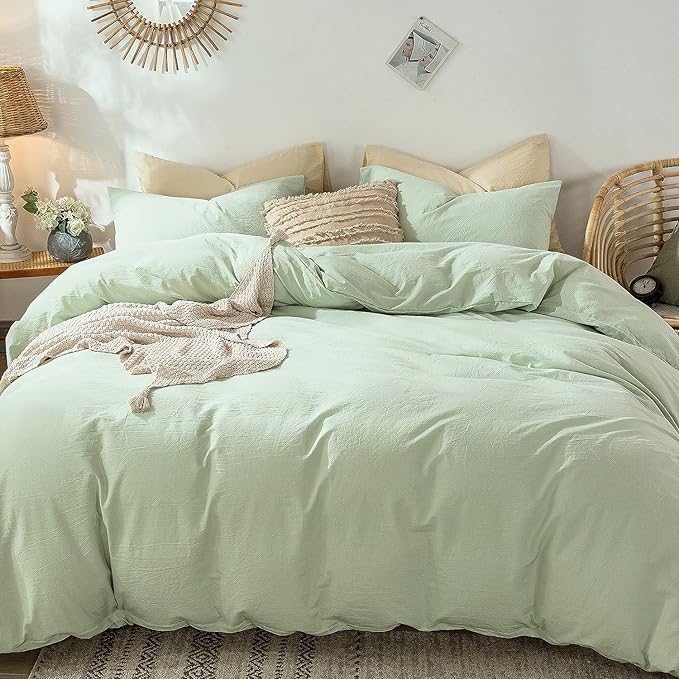 MooMee Bedding Duvet Cover Set 100% Washed Cotton Linen Like Textured Breathable Durable Soft Comfy (Heathered Seaglass Green, Cal King 104"x98")