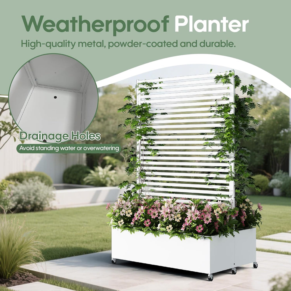 Double Metal Planter Box with Trellis Privacy Screen, Raised Garden Bed with Trellis & Wheels, Planter Box Outdoor with Drainage Holes for Climbing Plants, Vegetable, Vines,73"x 47"x 30", White