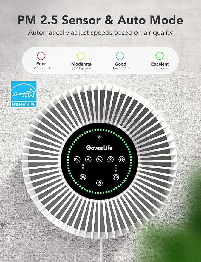 GoveeLife Smart Air Purifier for Home Large Room Up to 1524 sq.ft.with Washable Filter, Integrated PM 2.5 Air Quality Sensor,WiFi, Air Purifier for Smoke, Wildfire, Pet Hair,24dB, White