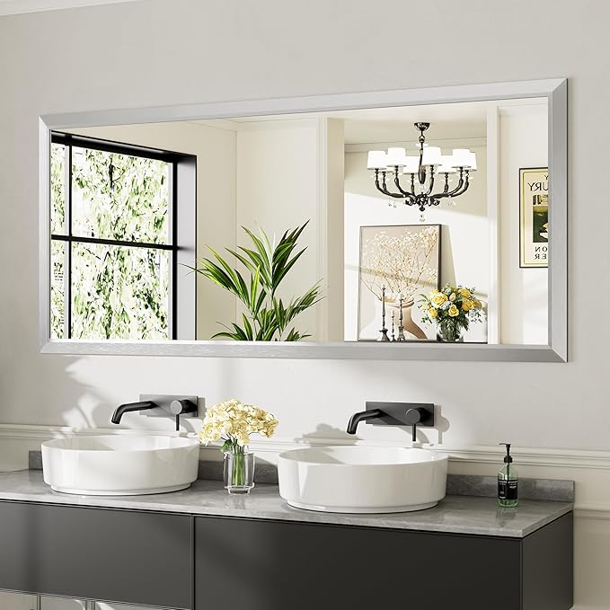 72x32 Inch Silver Bathroom Mirror for Wall, Thick Metal Framed Rectangle Mirrors for Over Sink, Bedroom, Living Room, Entryway, Anti-Rust, HD Tempered Glass