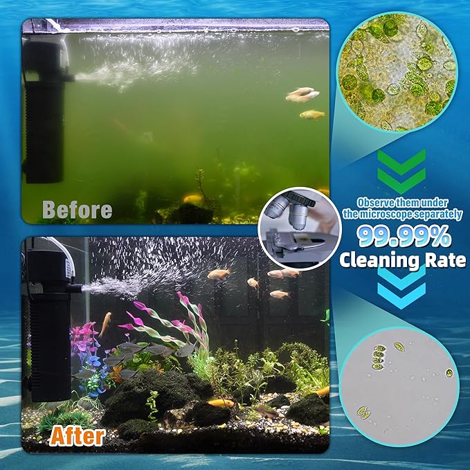 Aquarium Filter U-V w/Scientific 3,6,12,24H Timer 200GPH for 20-75Gal Fish Turtle Tank Bio Sponge Internal Filter Power Pump Deodorization Saltwater Freshwater Killing Green Clean Machine Air Supply