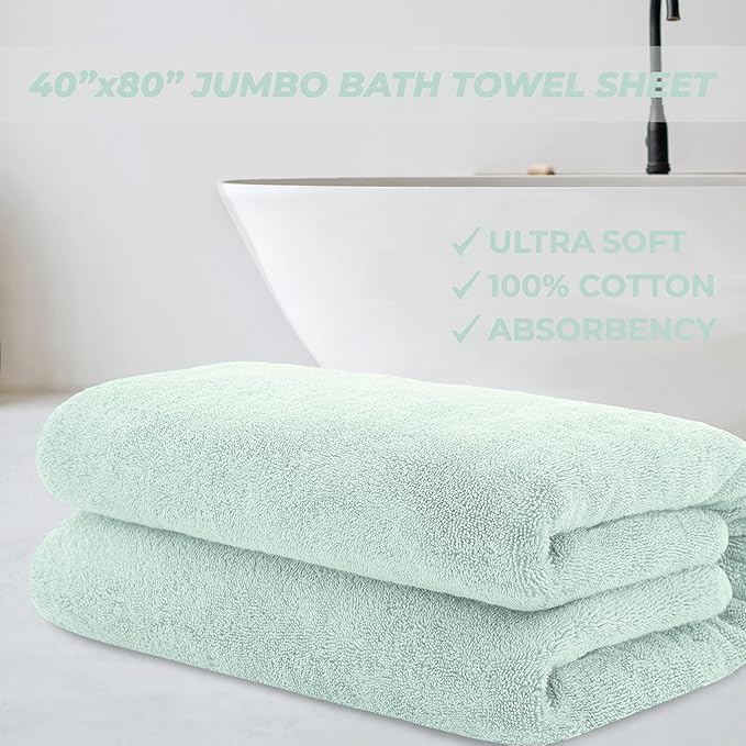 Cotton Paradise 100% Cotton 40x80 Oversized Bath Sheet, Extra Large Turkish Bath Towels for Bathroom, Mint Green Bathsheet