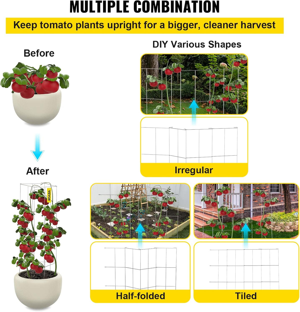 VEVOR Tomato Cages, 11.8" x 11.8" x 46.1", 10 Packs Square Plant Support Cages, Silver PVC-Coated Steel Tomato Towers for Climbing Vegetables, Plants, Flowers, Fruits