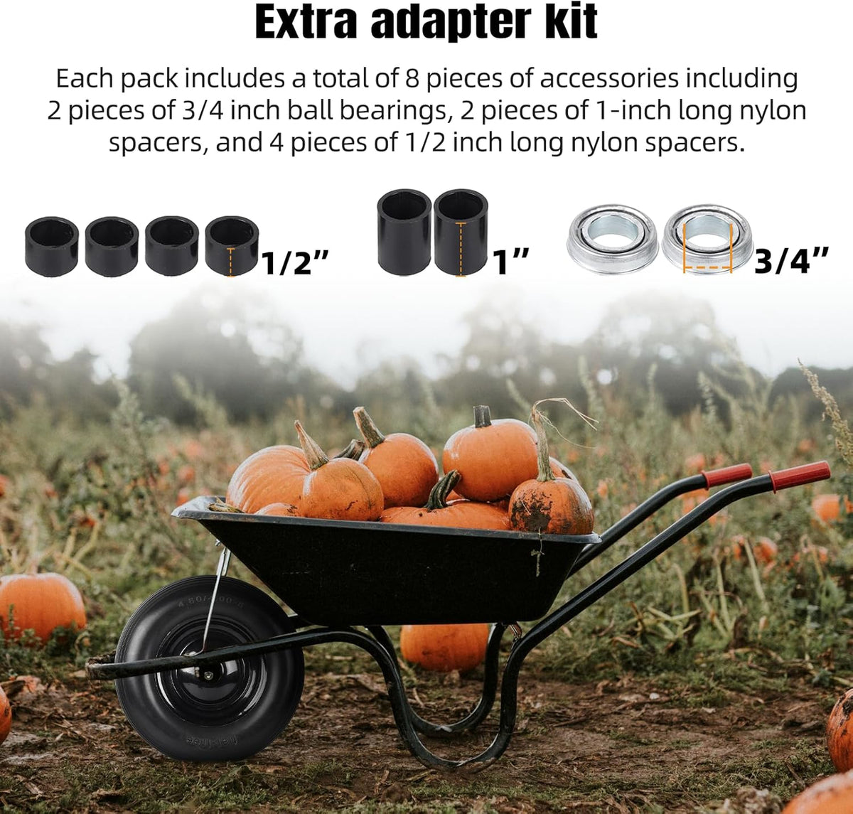4.80/4.00-8" Flat Free Tire and Wheel - 16 Inch Solid Rubber Wheelbarrow Tires with 5/8" and 3/4" Ball Bearings, 3" Centered Hub (Extra Adapter kit includes Bearing, 1" and 1/2" Nylon Spacers)