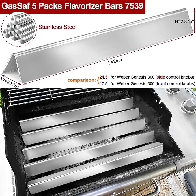 GasSaf 24.5 inch Flavorizer Bar Replacement for Weber 7539, 7540, Genesis 300 Series E-310, E-320, S-310, S-320, EP/CEP 310 & 320 (with Side Mounted Control Panels), 5-Pack Stainless Steel Flavor Bar