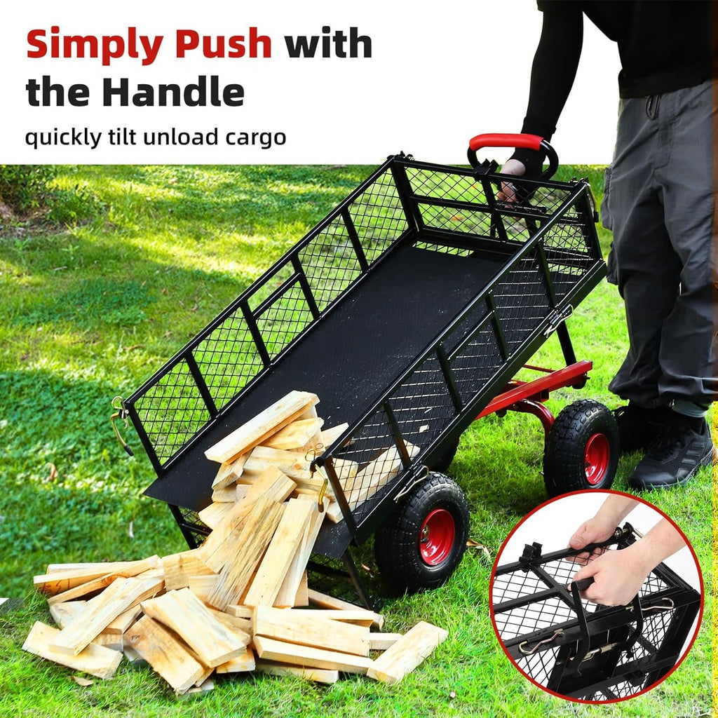 Heavy Duty Steel Garden Dump Cart, 880LBS Meatl Utility Wagon with Removable Sides & 180° Rotating Handle, Utility Dump Cart with 10-Inch All Terrain Wheels for Yard Lawn and Farm