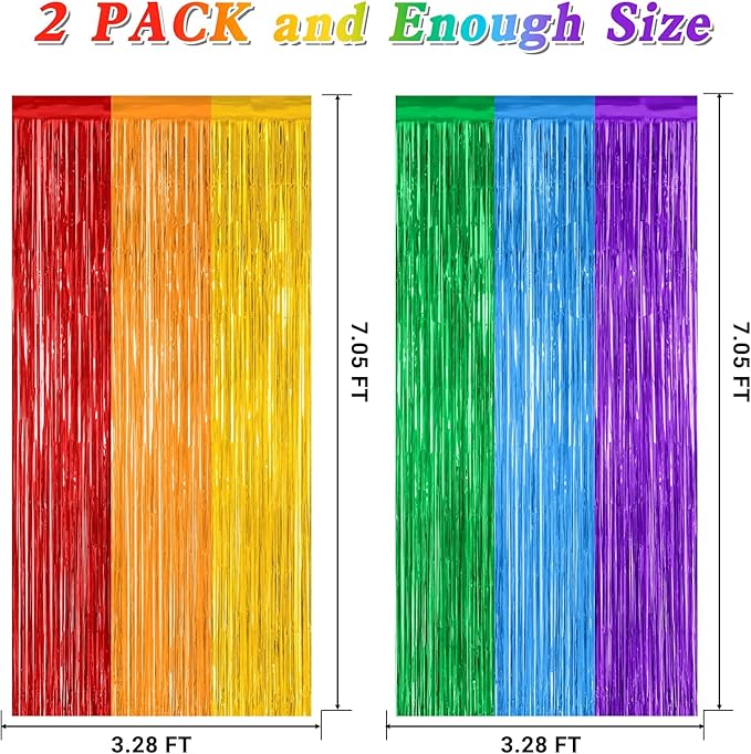 2 Pack Rainbow Backdrop Curtains, 3.28 FT x 7.05 FT Colofull Party Decorations, Metallic Tinsel Backdrop Fringe Curtains Party Streamer, Rainbow Party Supplies for Wedding Birthday Party Engagement