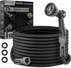 Garden Hose, Flexible Ultra Lightweight Durable, Kink-Free Water Hose with 10 Function Sprayer - Non-Shrinking, Easy to Store, All-Weather, High-Pressure, Black (25 FT)