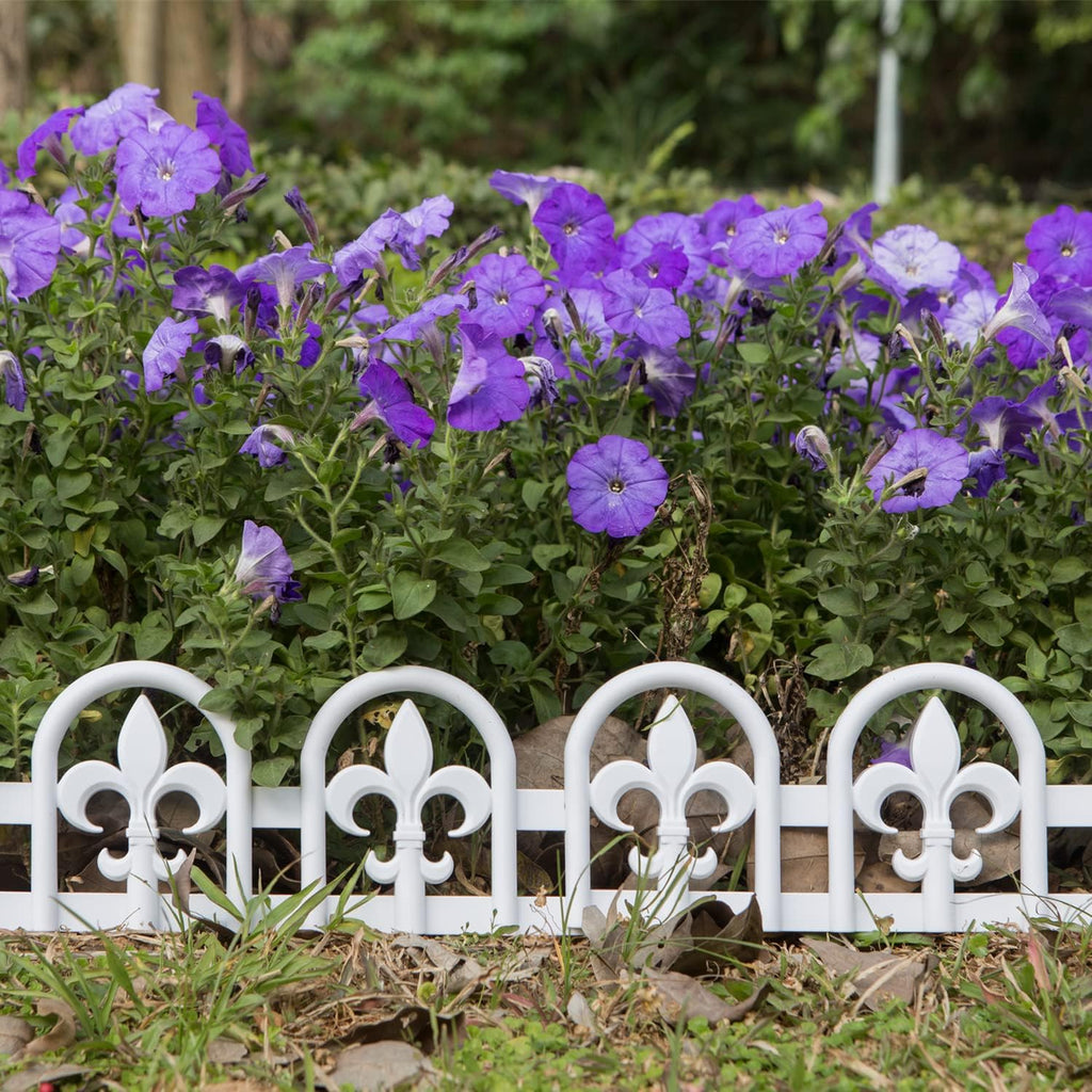 Evelyne White Garden Border Plastic Edging: Wrought Iron Design - 27pcs White Yard Landscaping Fence Liner Lawn Edge Barrier - 35ft Kit of Decorative Lawn Landscape Panels Elements