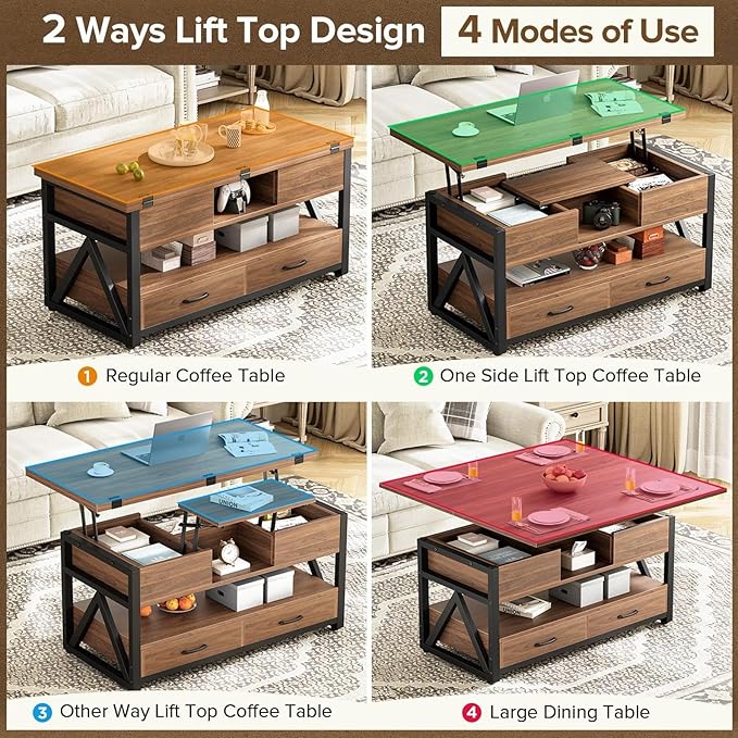 40" Lift Top Coffee Table,4 in 1 Multi-Function Lift Coffee Tables with Storage Drawers and Hidden Compartmen,Farmhouse Coffee Table with Lifting top for Living Room, Walnut