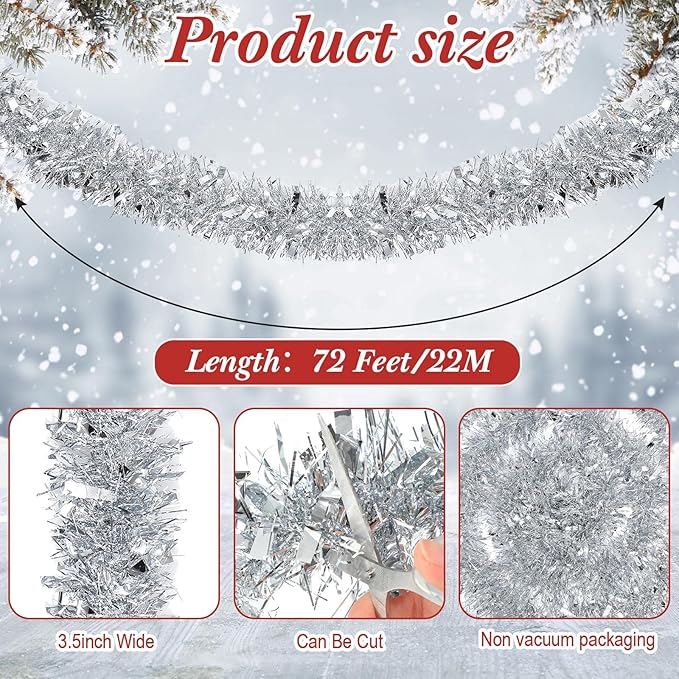 72 Feet Christmas Tinsel Garland Shiny Metallic Tinsel Twist Garland Streamers Ornaments Long Glitter Christmas Tree Hanging Decorations for Party Holiday Wedding Birthday Tree Wall Rail (Silver)
