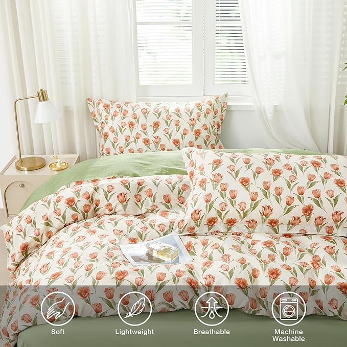 SAPHREAS Red Tulips Floral Green Leaves Duvet Cover Set Twin Size 2pcs Soft Cozy Garden Style Bedding Comforter Cover Set 100% Cotton 1 Duvet Cover 68"x90" 1 Pillow Sham, Comforter Not Included