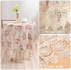 Round Embroidered Lace Tablecloth Vintage Decorative Exquisite Border Table Cover for Party Wedding Home Decorations, Round-35, Red