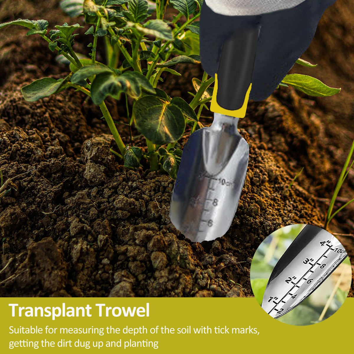 Garden Tool Set, 3 Piece Gardening Tools Includes Garden Trowel, Transplant Trowel and Hand Rake with Non-Slip Ergonomic Handle, Heavy Duty Garden Kit for Planting, Garden Gifts, Yellow