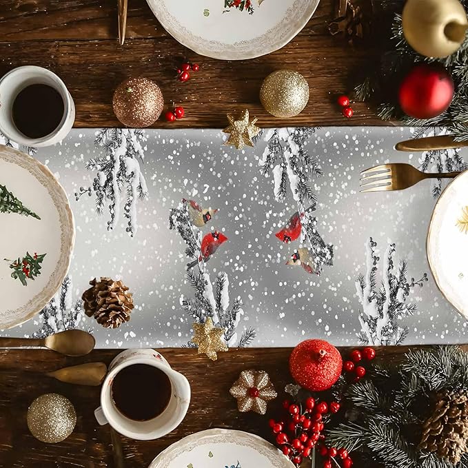 Christmas Snowman Cotton Linen Table Runner for Dining Kitchen, Snowflakes Xmas Pine Tree Wedding Outdoor Party Tablerunner Decoration Winter Bird Dresser Scarf Coffee Tablecloth Runners 13x70 Inches