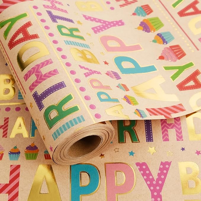 Aimyoo Colorful Birthday Wrapping Paper Roll - 17 Inch X 32.8 Feet - Gold Foil Happy Birthday Lettering & Cupcake Design Gift Wrap for Kids, Baby Showers