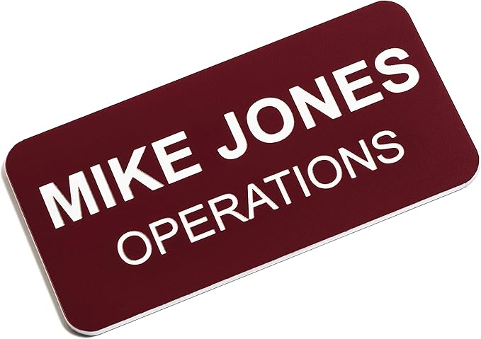 Custom Engraved Name Tag Badges – Personalized Identification with Pin or Magnetic Backing, 1.5 Inches x 3 Inches, Claret/White