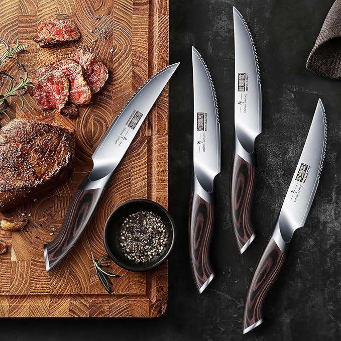 Steak Knives Set of 7, 4.5 Inch Serrated Steak Knife Set with Block, Japanese High Carbon Steel Kitchen Steak Knives with Ergonomic Handle