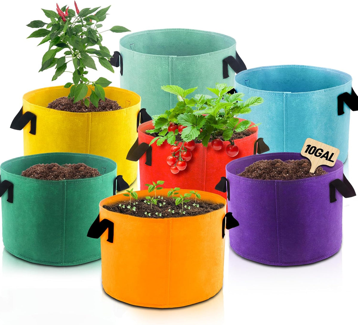 10-Gallon Fabric Grow Bags (7 Pack of Mix Colors) with Handles for Potato Tomato Flower and Vegetables