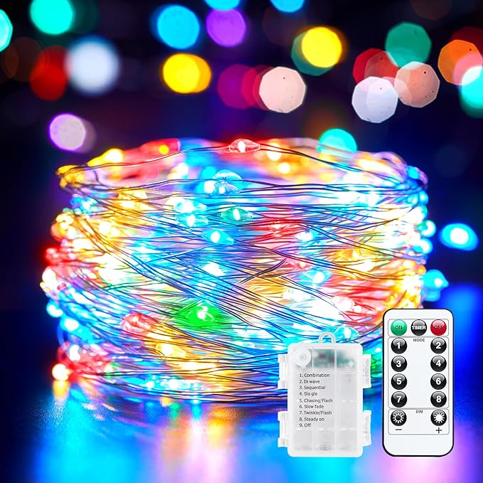 Minetom 66Ft 200 LED Outdoor String Lights, Fairy Lights Battery Operated with Remote, Waterproof, for Bedroom Dorm Patio Tapestry Backyard Garden Party Indoor Christmas Decoration, Multicolor