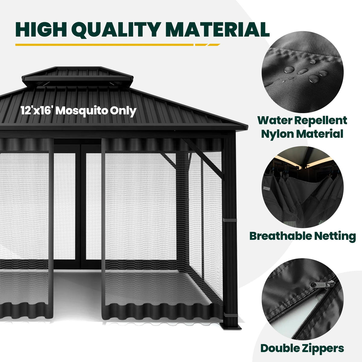 OLILAWN Gazebo Universal Replacement Mosquito Netting, 12' x 16' Outdoor Canopy Net Screen 4-Panel Sidewall Curtain, with Zippers, Easy to Install, Fit for Most Gazebo 12x16 Canopy, Black