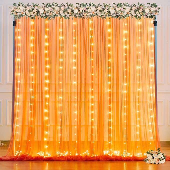Orange Tulle Backdrop Curtain with Lights String for Parites 10x10ft Sheer Backdrop Curtains Drapes for Birthday Party Baby Shower Wedding Ceremony Prom Halloween Photo Booth Background Decorations